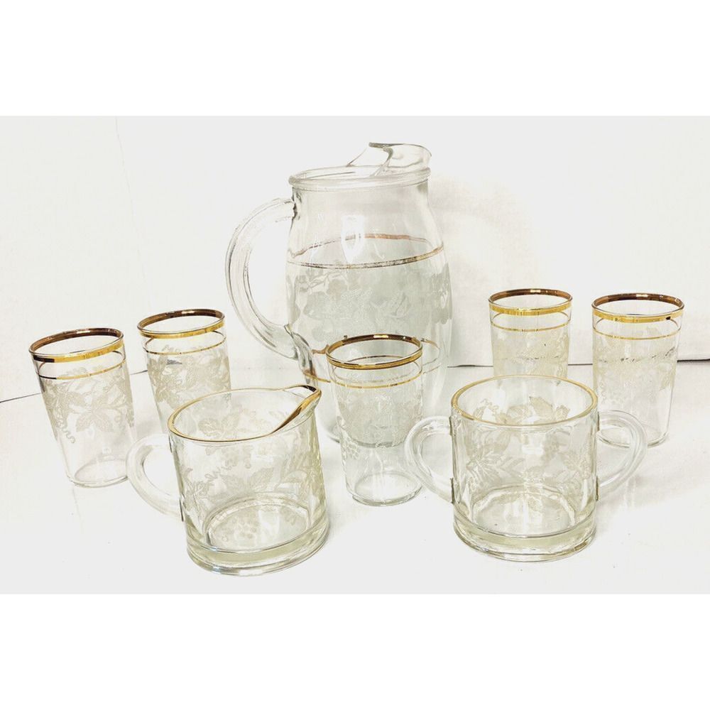 VINTAGE FRUIT EMBOSSED GOLD TRIM JUICE PITCHER AND GLASS SET